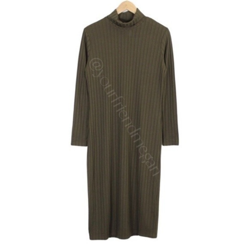H&M Olive Green Ribbed Long Sleeve Turtleneck Midi Dress